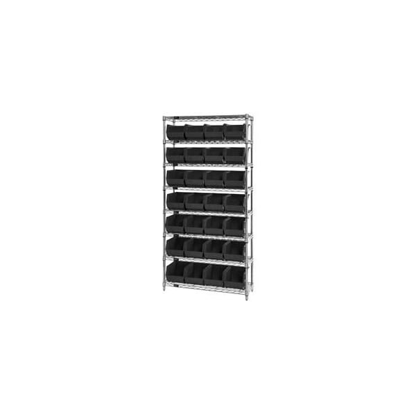 Global Industrial Chrome Wire Shelving w/ 28 Stacking Black Bins, 36inW x 12inD x 74inH, Gray 268926BK - main